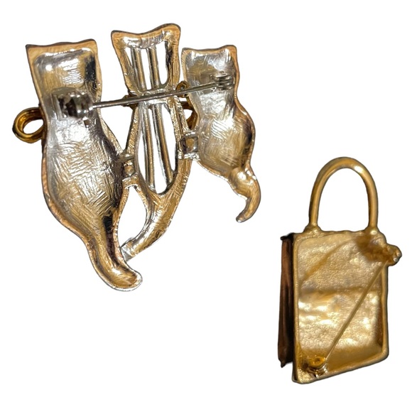 Brooch Lapel Pin Goldtone Handbag Gold/Silver Tone 3 Cats - Picture 10 of 11